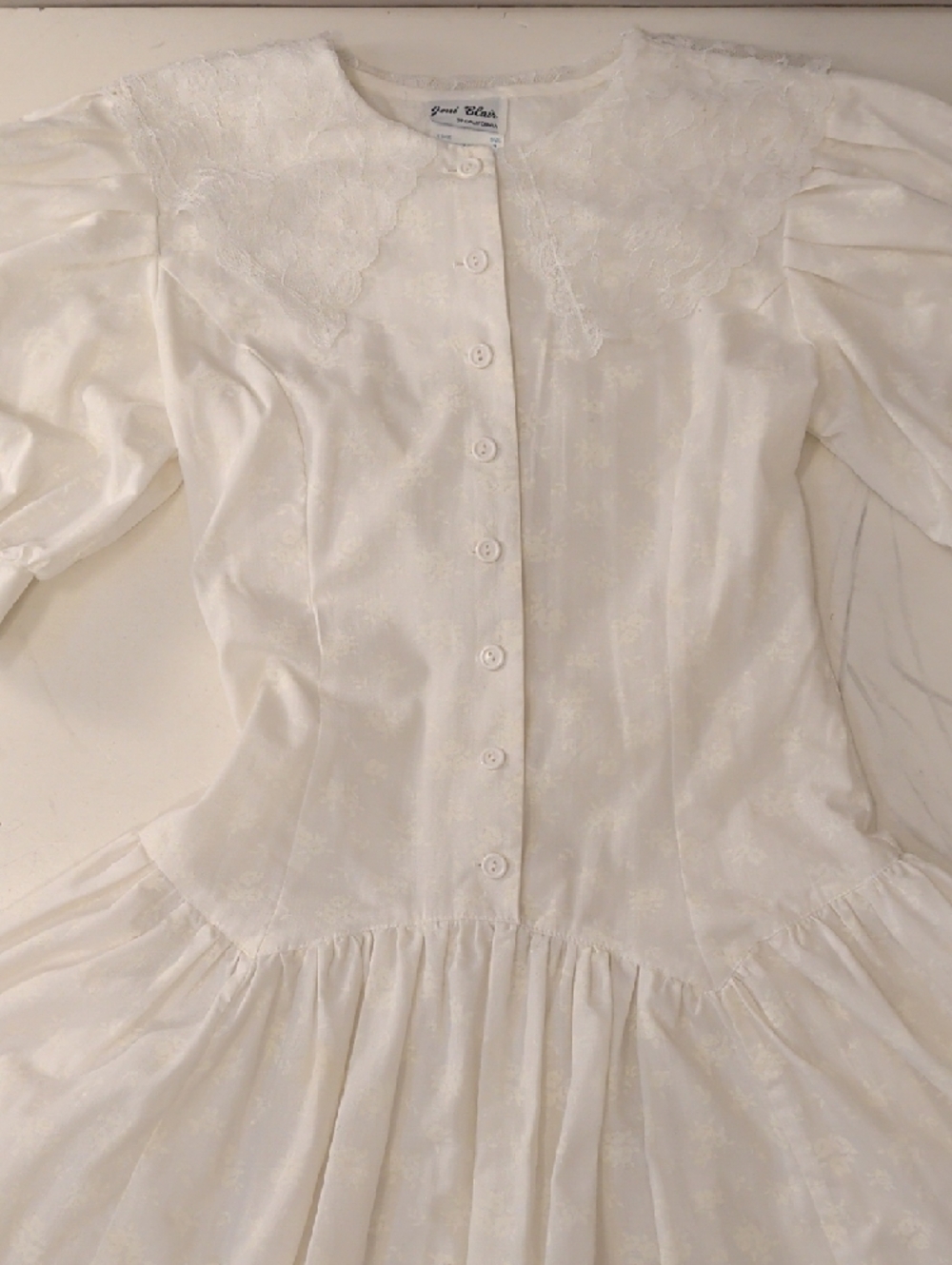 Vintage Classic White Lace Trim Midi Dress Feminine Drop Waist & Puff Sleeves - Picture 11 of 13